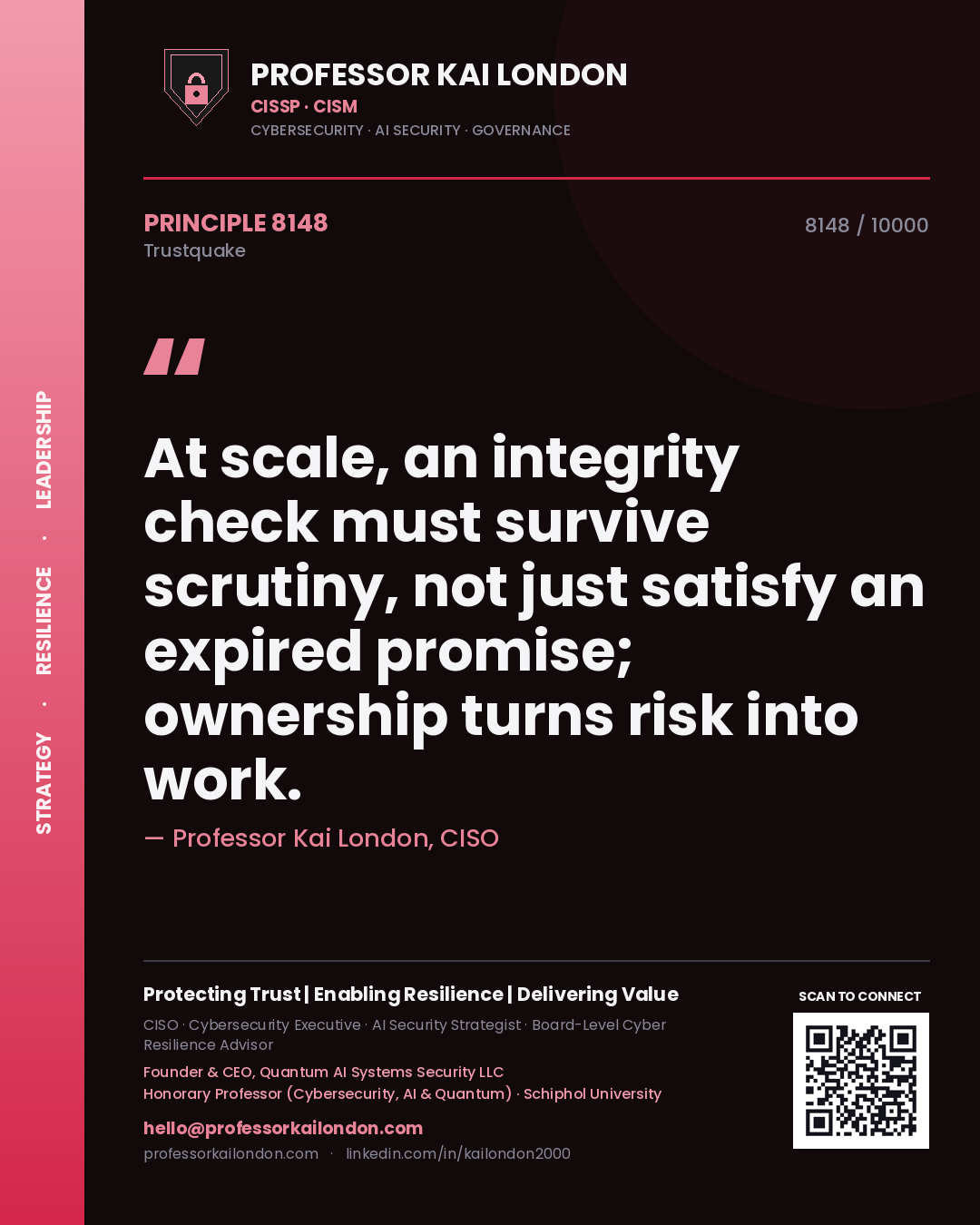 Professor Kai London principle 8148: At scale, an integrity check must survive scrutiny, not just satisfy an expired promise; ownership turns risk into work.
