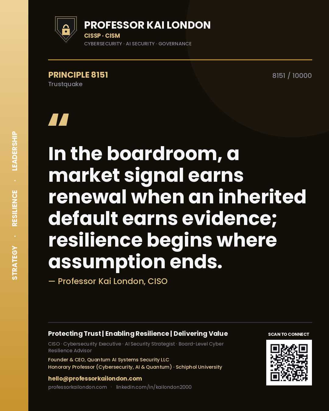Quote card by Professor Kai London reading 'In the boardroom, a market signal earns renewal when an inherited default earns evidence; resilience begins where assumption ends.'. From the book Trustquake.