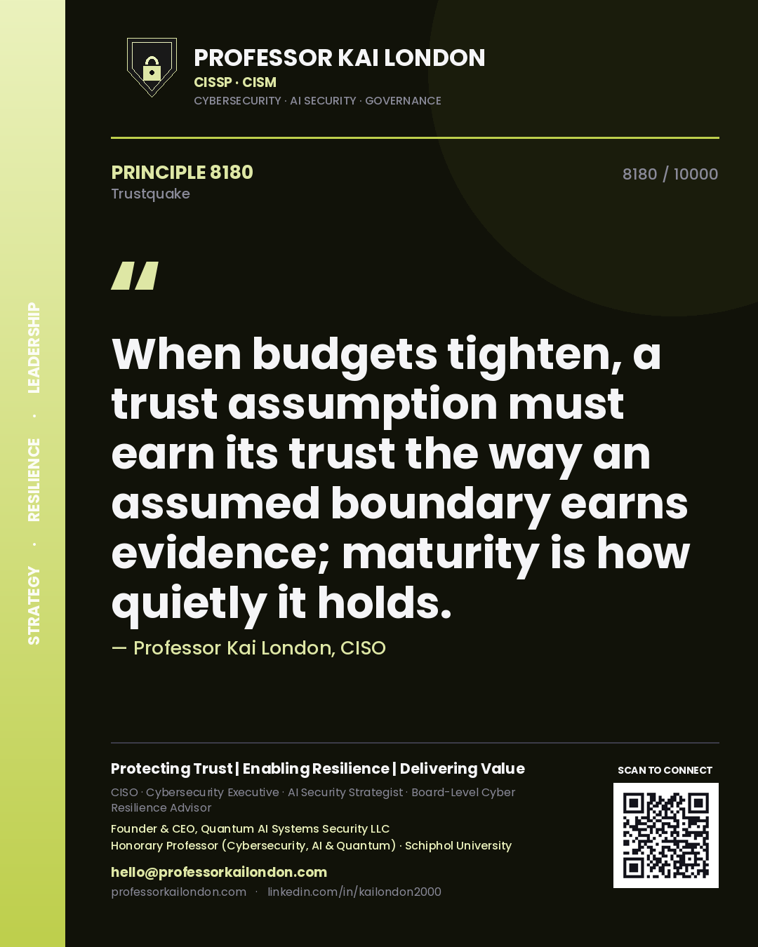 Quote card by Professor Kai London reading 'When budgets tighten, a trust assumption must earn its trust the way an assumed boundary earns evidence; maturity is how quietly it holds.'. From the book Trustquake.