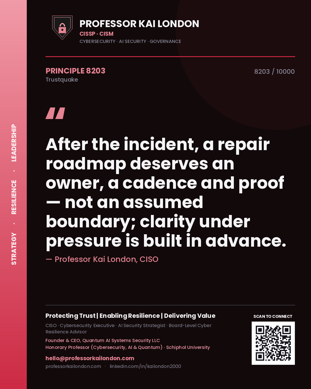 Professor Kai London principle 8203: After the incident, a repair roadmap deserves an owner, a cadence and proof — not an assumed boundary; clarity under pressure is built in advance.