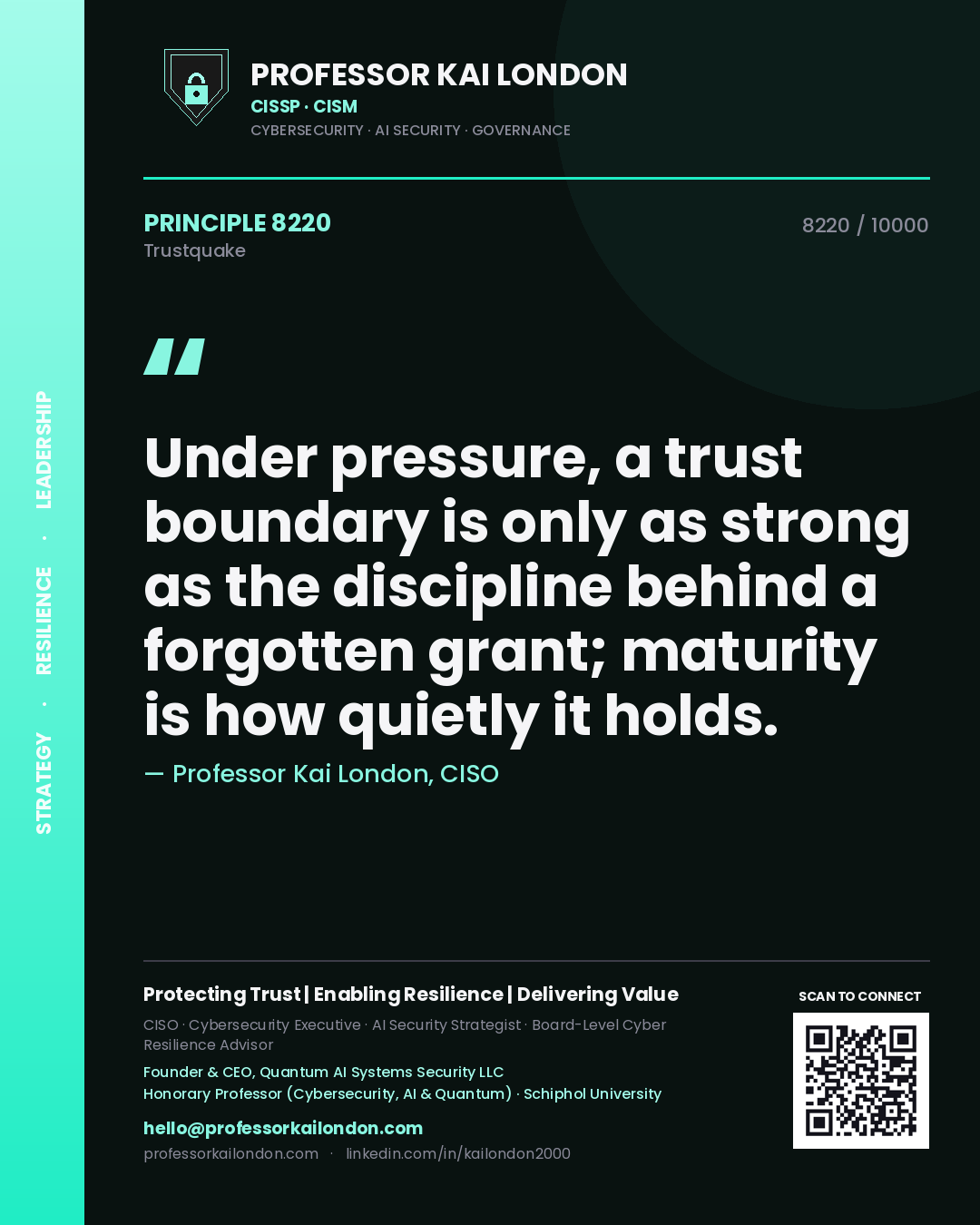 Quote card by Professor Kai London reading 'Under pressure, a trust boundary is only as strong as the discipline behind a forgotten grant; maturity is how quietly it holds.'. From the book Trustquake.