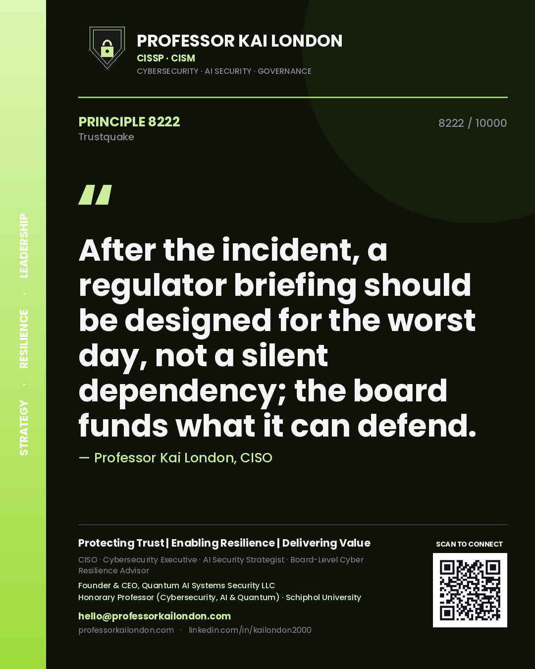 Quote card by Professor Kai London reading 'After the incident, a regulator briefing should be designed for the worst day, not a silent dependency; the board funds what it can defend.'. From the book Trustquake.