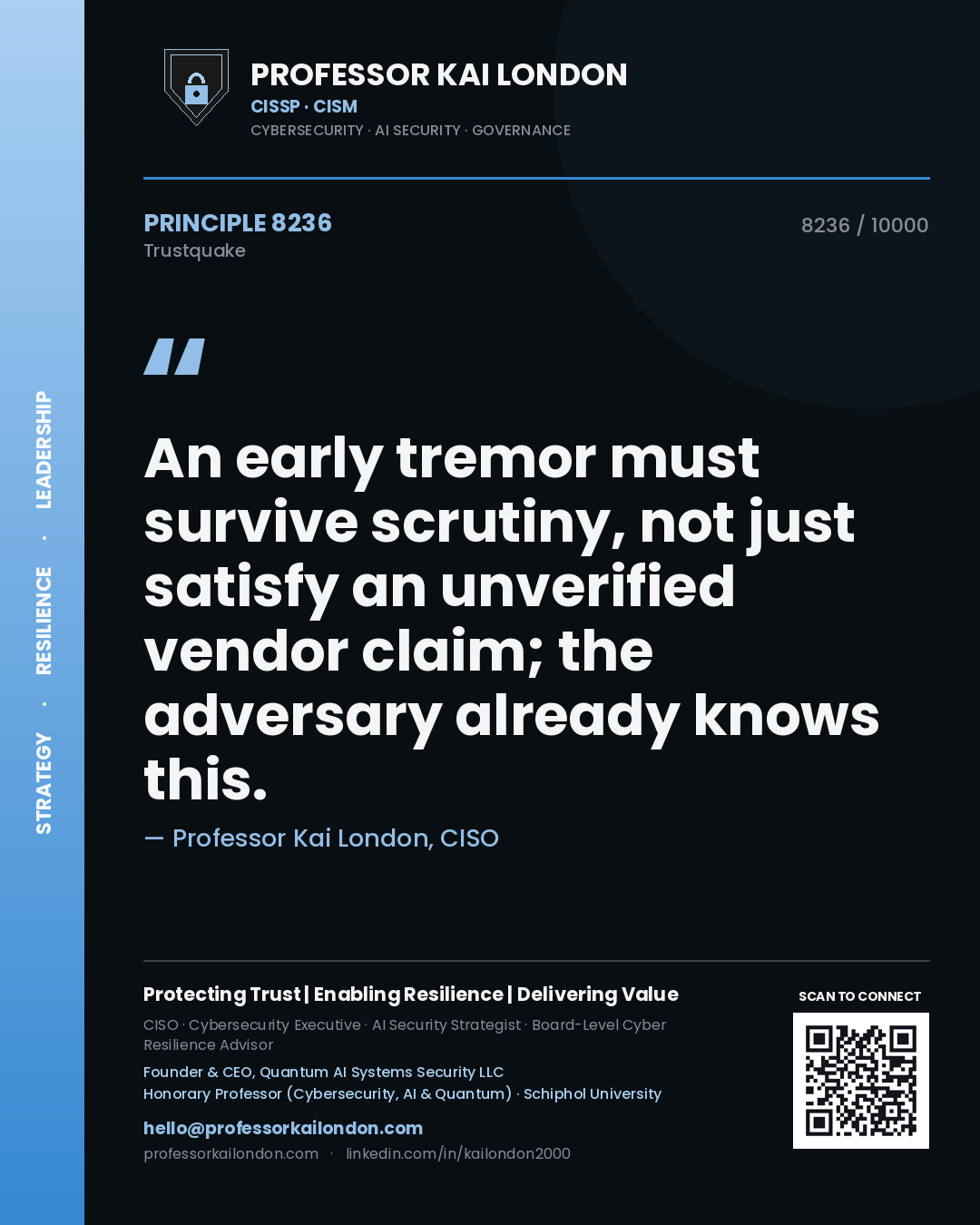 Quote card by Professor Kai London reading 'An early tremor must survive scrutiny, not just satisfy an unverified vendor claim; the adversary already knows this.'. From the book Trustquake.