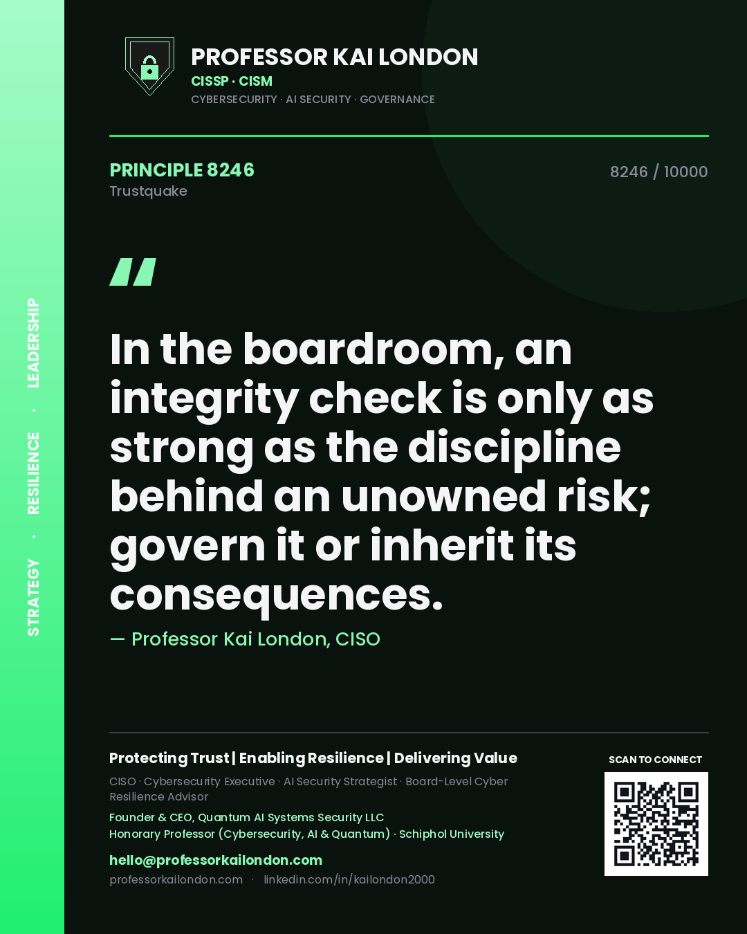 Professor Kai London principle 8246: In the boardroom, an integrity check is only as strong as the discipline behind an unowned risk; govern it or inherit its consequences.