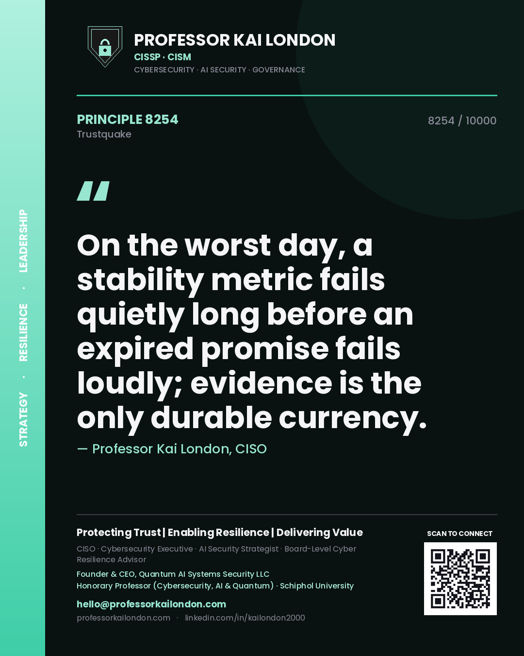 Quote card by Professor Kai London reading 'On the worst day, a stability metric fails quietly long before an expired promise fails loudly; evidence is the only durable currency.'. From the book Trustquake.