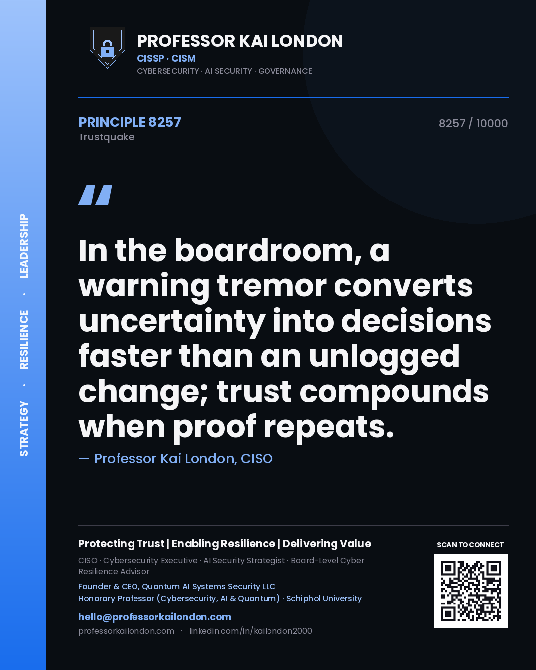 Quote card by Professor Kai London reading 'In the boardroom, a warning tremor converts uncertainty into decisions faster than an unlogged change; trust compounds when proof repeats.'. From the book Trustquake.