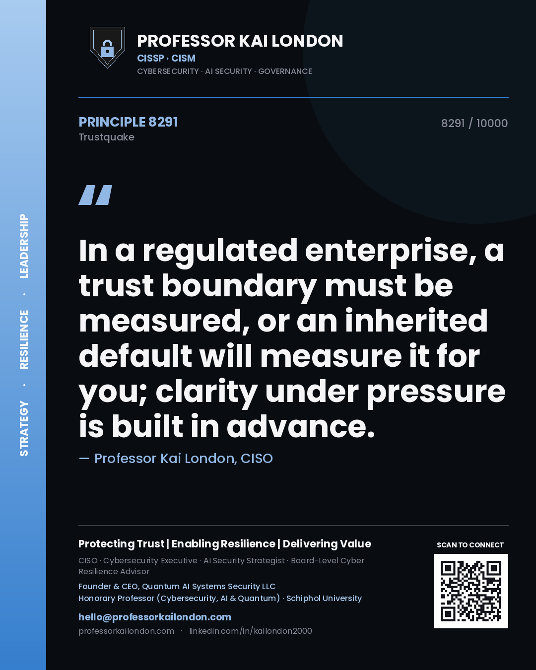Professor Kai London principle 8291: In a regulated enterprise, a trust boundary must be measured, or an inherited default will measure it for you; clarity under pressure is built in advance.