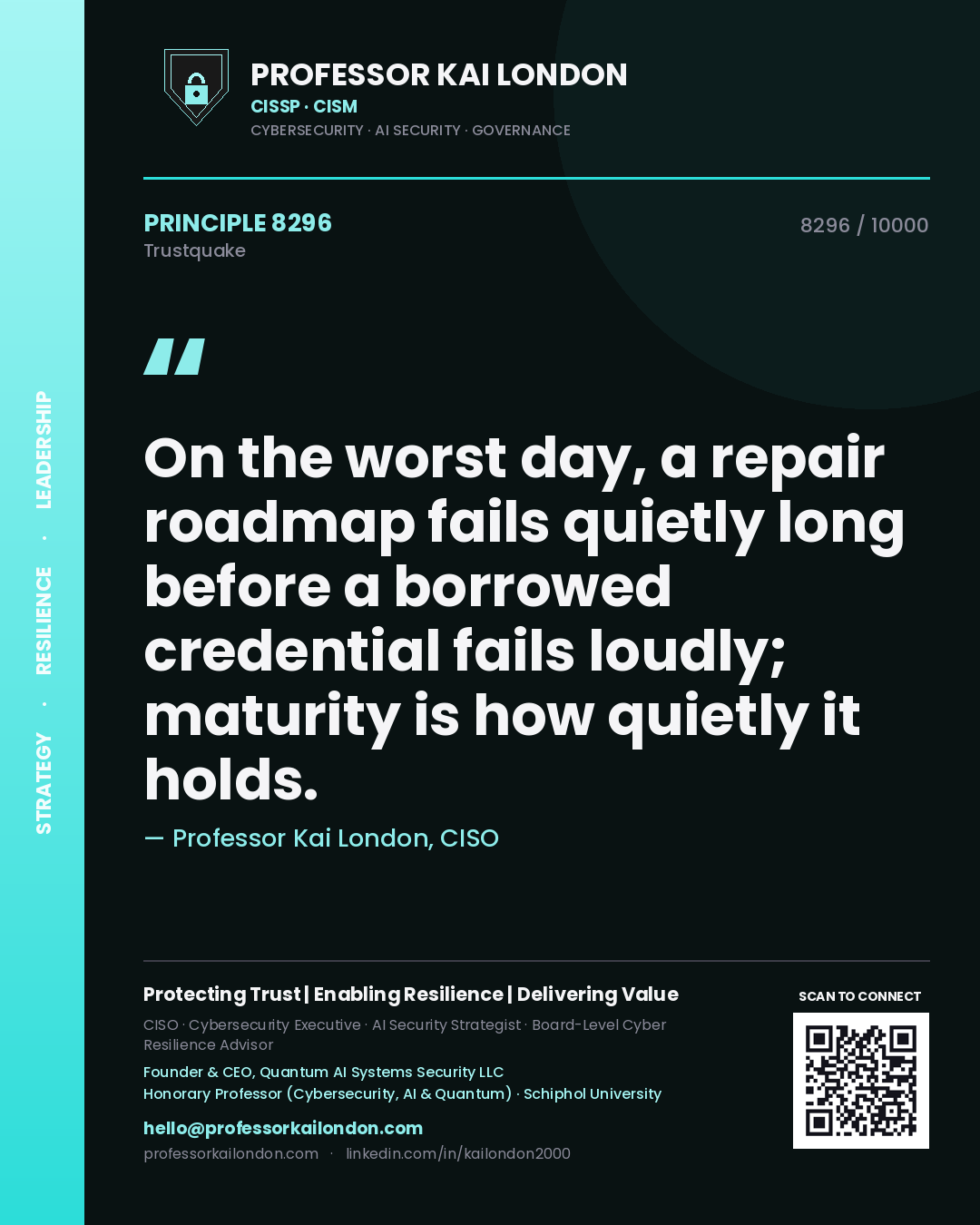Quote card by Professor Kai London reading 'On the worst day, a repair roadmap fails quietly long before a borrowed credential fails loudly; maturity is how quietly it holds.'. From the book Trustquake.