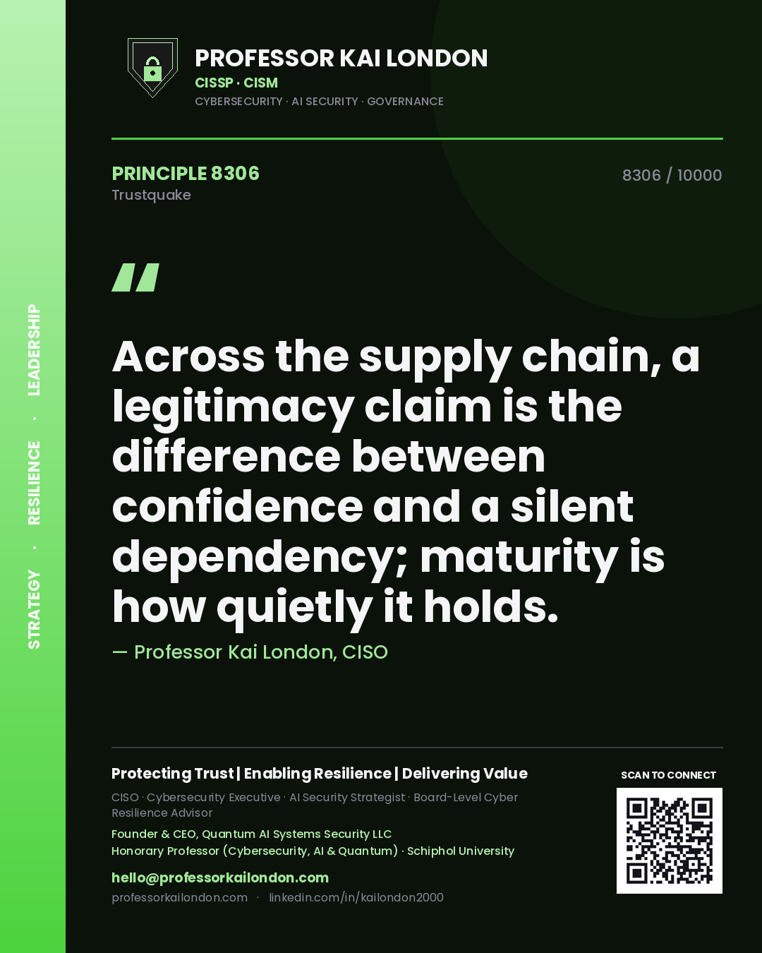 Quote card by Professor Kai London reading 'Across the supply chain, a legitimacy claim is the difference between confidence and a silent dependency; maturity is how quietly it holds.'. From the book Trustquake.