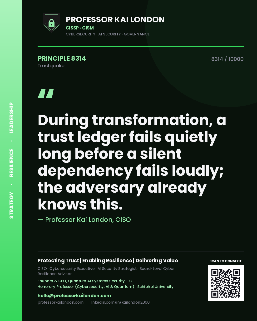 Quote card by Professor Kai London reading 'During transformation, a trust ledger fails quietly long before a silent dependency fails loudly; the adversary already knows this.'. From the book Trustquake.