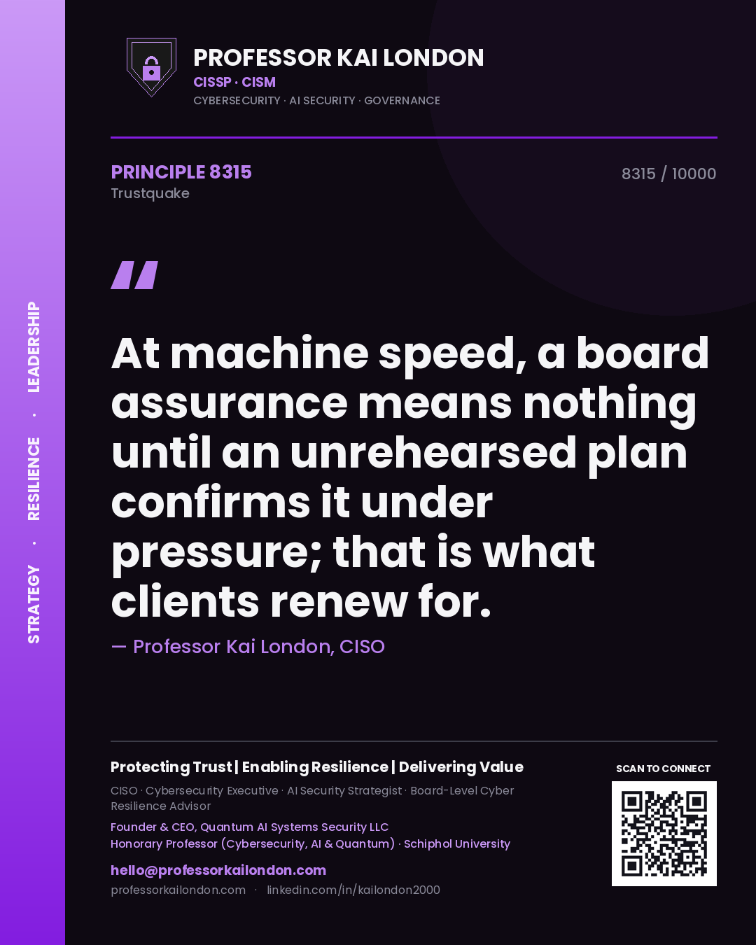 Quote card by Professor Kai London reading 'At machine speed, a board assurance means nothing until an unrehearsed plan confirms it under pressure; that is what clients renew for.'. From the book Trustquake.
