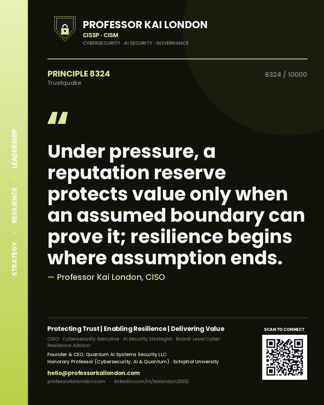 Quote card by Professor Kai London reading 'Under pressure, a reputation reserve protects value only when an assumed boundary can prove it; resilience begins where assumption ends.'. From the book Trustquake.