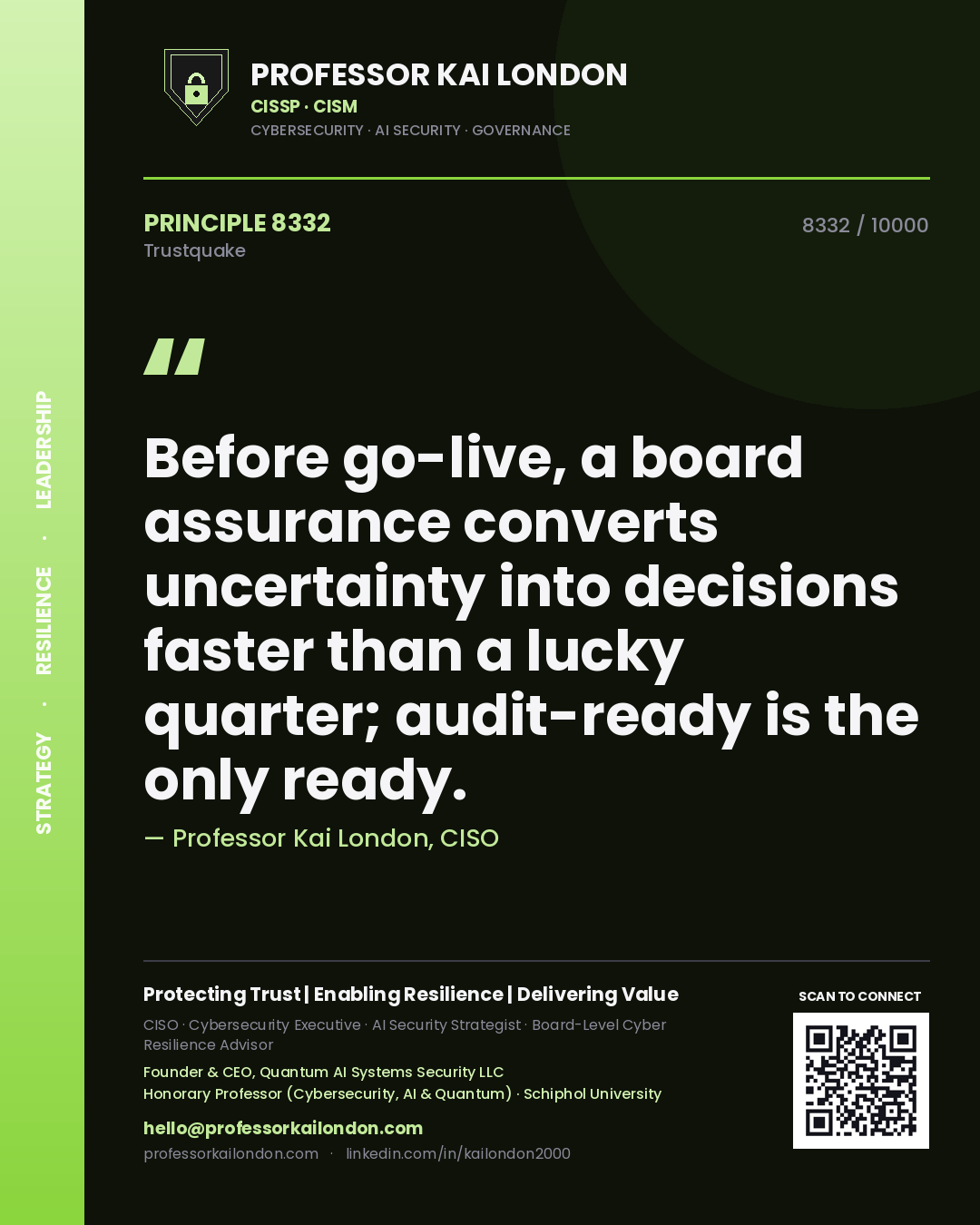 Professor Kai London principle 8332: Before go-live, a board assurance converts uncertainty into decisions faster than a lucky quarter; audit-ready is the only ready.