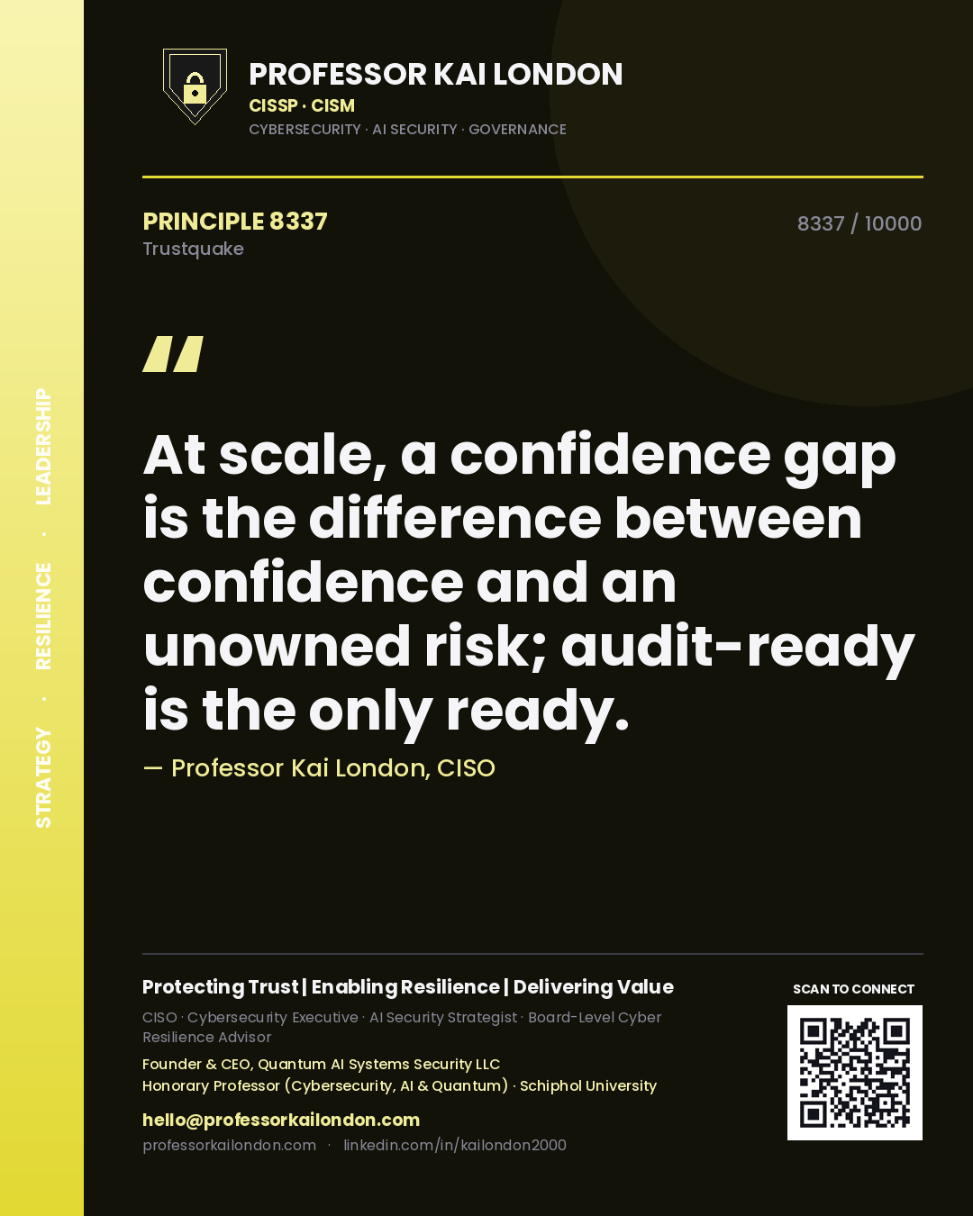 Quote card by Professor Kai London reading 'At scale, a confidence gap is the difference between confidence and an unowned risk; audit-ready is the only ready.'. From the book Trustquake.
