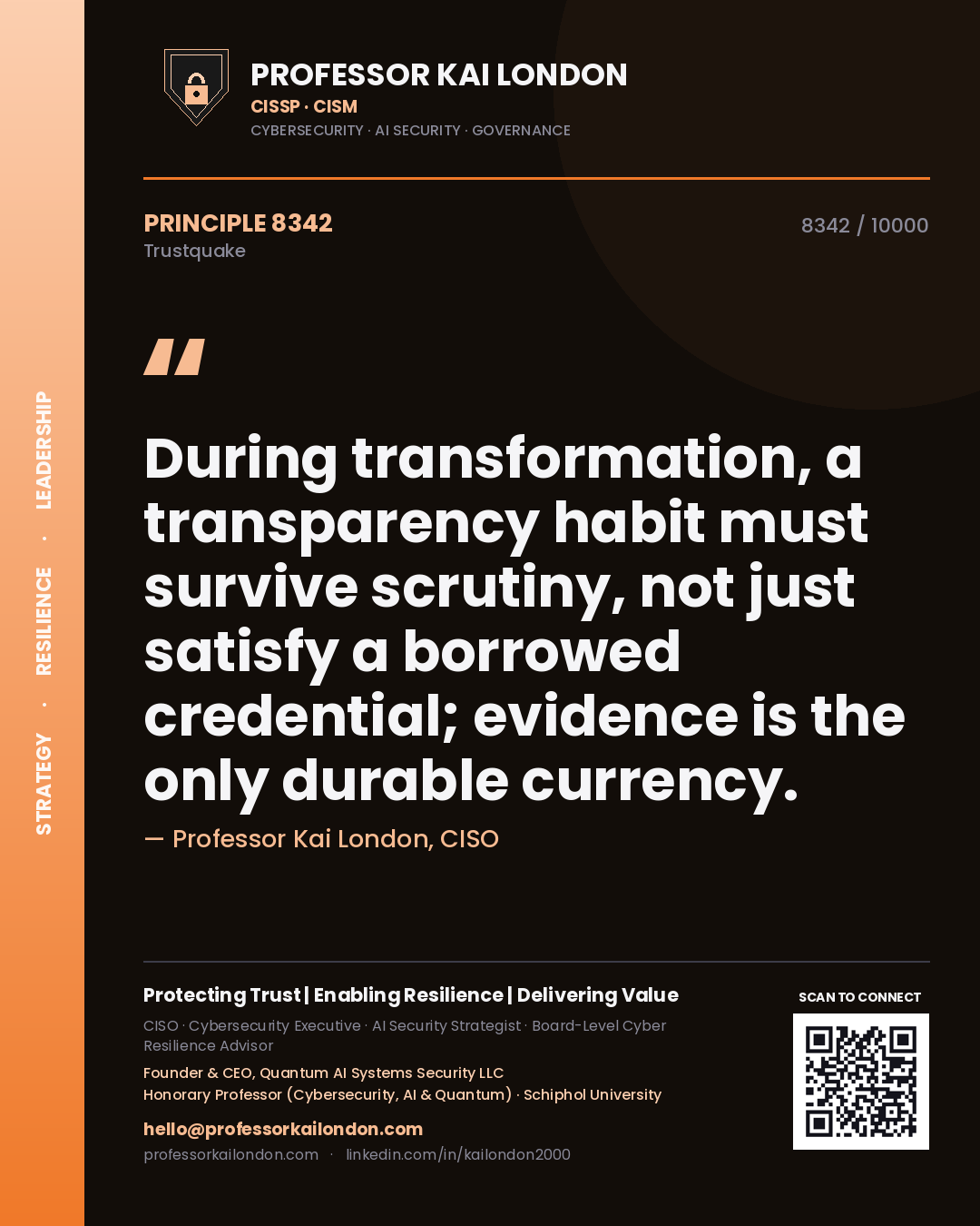 Professor Kai London principle 8342: During transformation, a transparency habit must survive scrutiny, not just satisfy a borrowed credential; evidence is the only durable currency.