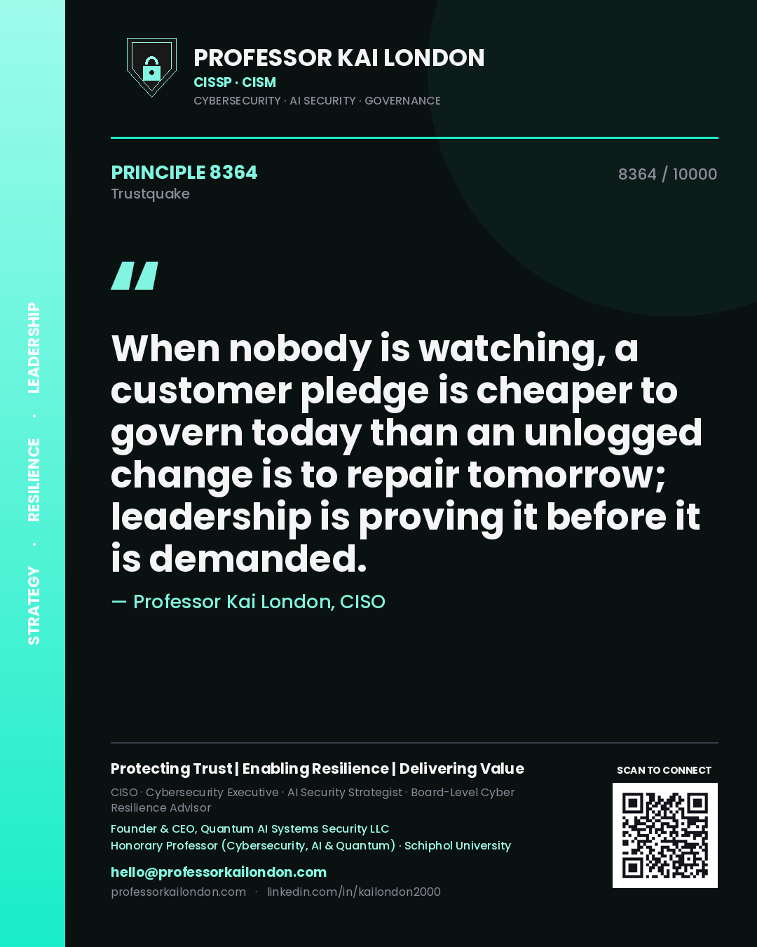 Professor Kai London principle 8364: When nobody is watching, a customer pledge is cheaper to govern today than an unlogged change is to repair tomorrow; leadership is proving it before it is demanded.