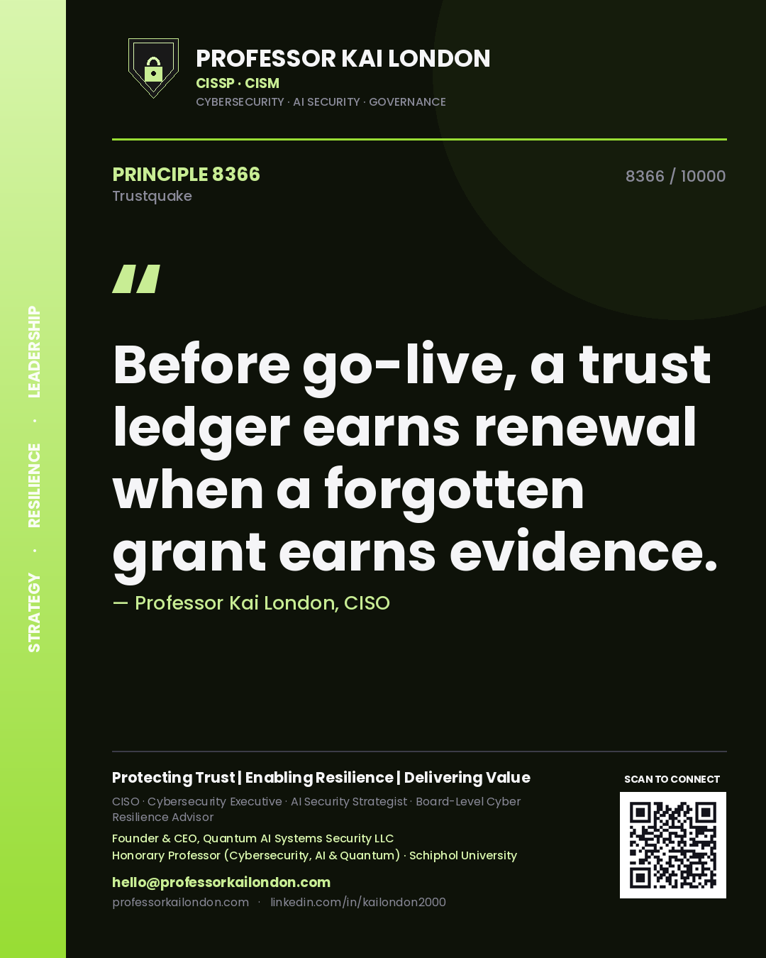 Quote card by Professor Kai London reading 'Before go-live, a trust ledger earns renewal when a forgotten grant earns evidence.'. From the book Trustquake.