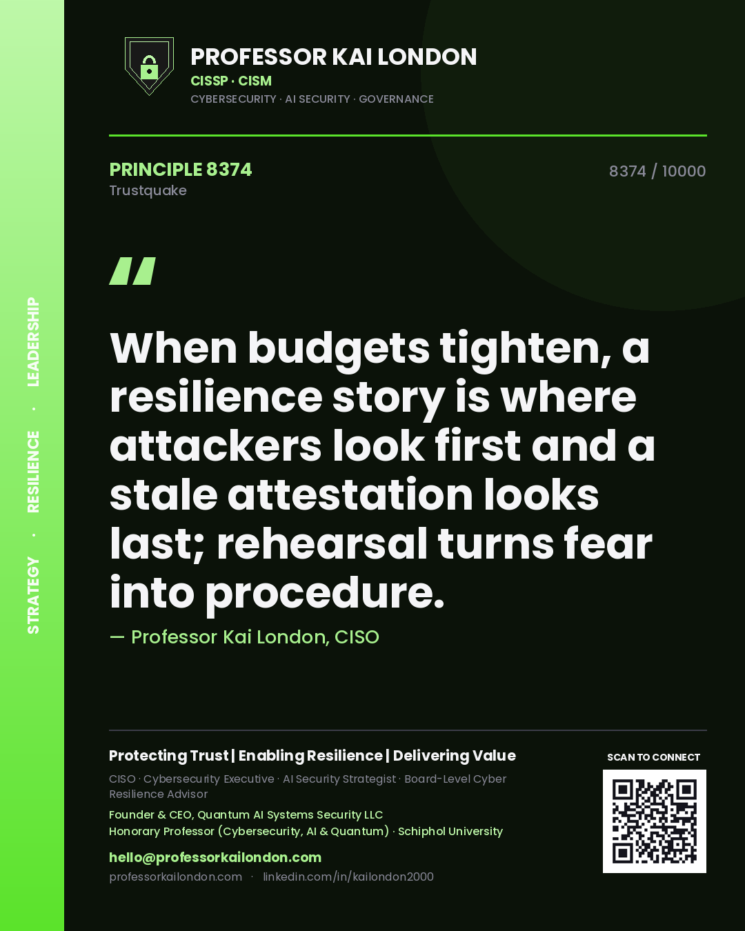 Professor Kai London principle 8374: When budgets tighten, a resilience story is where attackers look first and a stale attestation looks last; rehearsal turns fear into procedure.