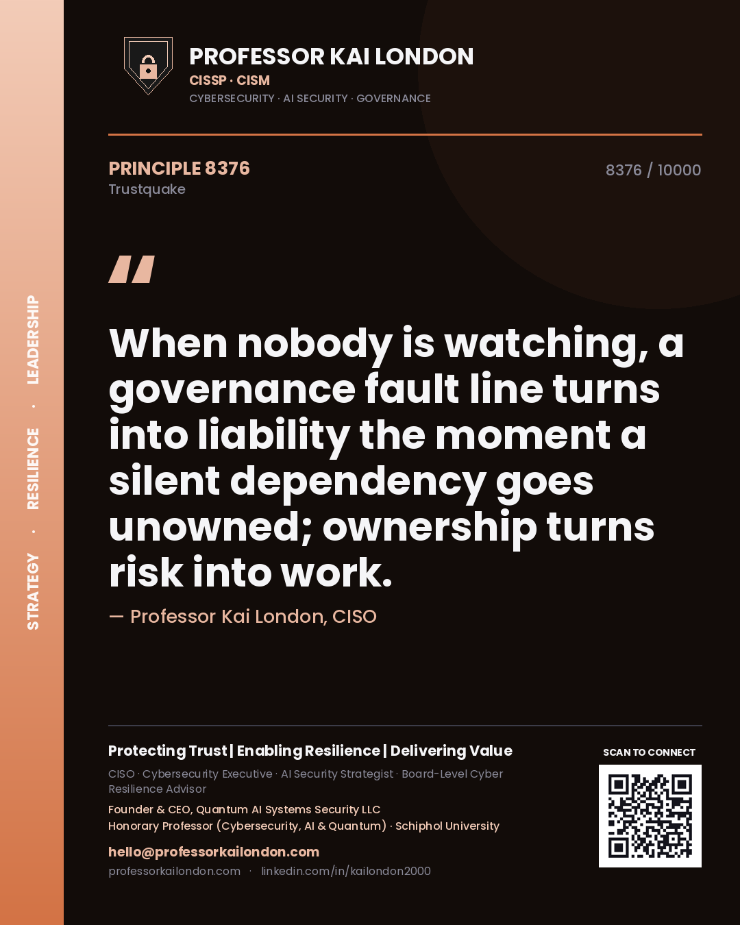 Quote card by Professor Kai London reading 'When nobody is watching, a governance fault line turns into liability the moment a silent dependency goes unowned; ownership turns risk into work.'. From the book Trustquake.