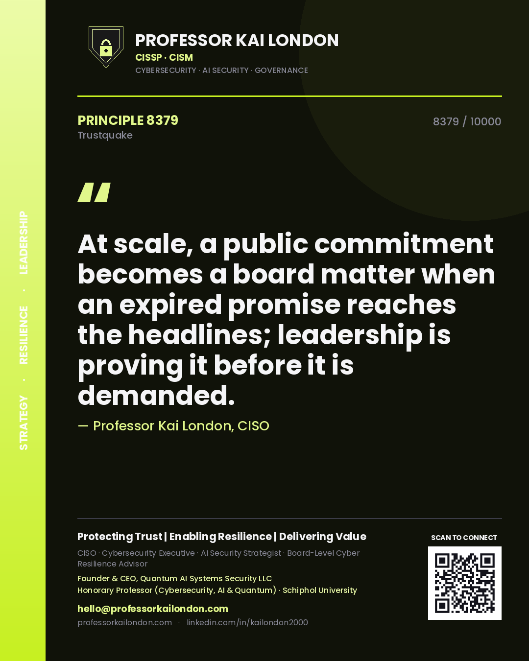 Quote card by Professor Kai London reading 'At scale, a public commitment becomes a board matter when an expired promise reaches the headlines; leadership is proving it before it is demanded.'. From the book Trustquake.