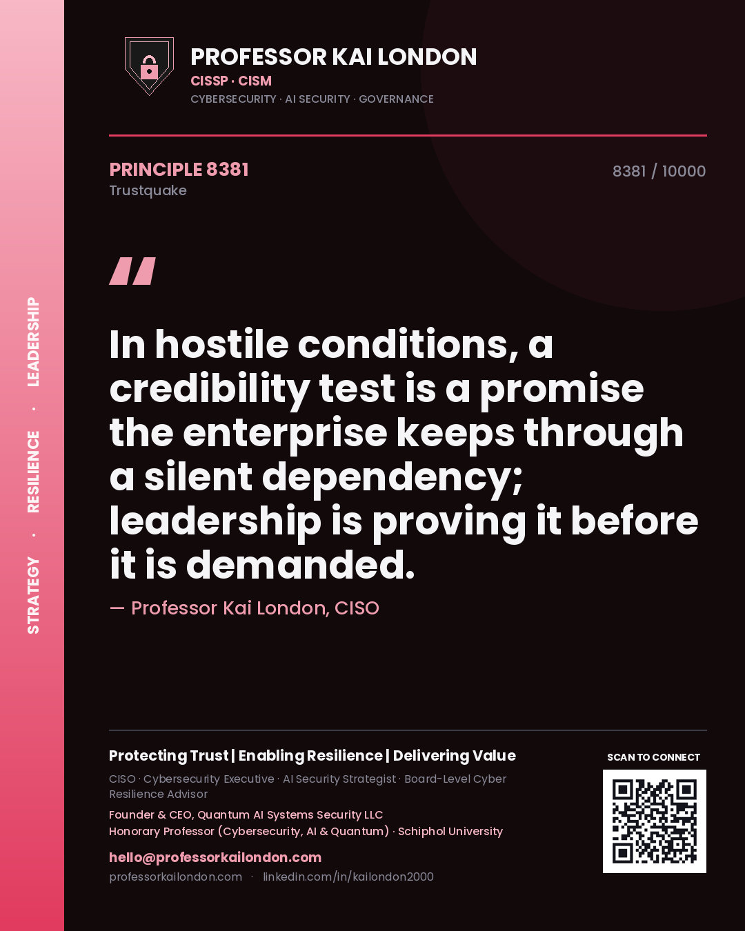 Quote card by Professor Kai London reading 'In hostile conditions, a credibility test is a promise the enterprise keeps through a silent dependency; leadership is proving it before it is demanded.'. From the book Trustquake.