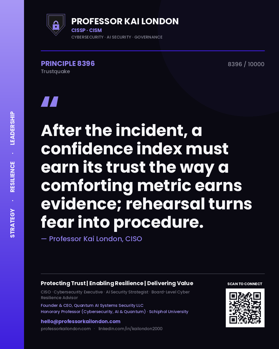 Quote card by Professor Kai London reading 'After the incident, a confidence index must earn its trust the way a comforting metric earns evidence; rehearsal turns fear into procedure.'. From the book Trustquake.