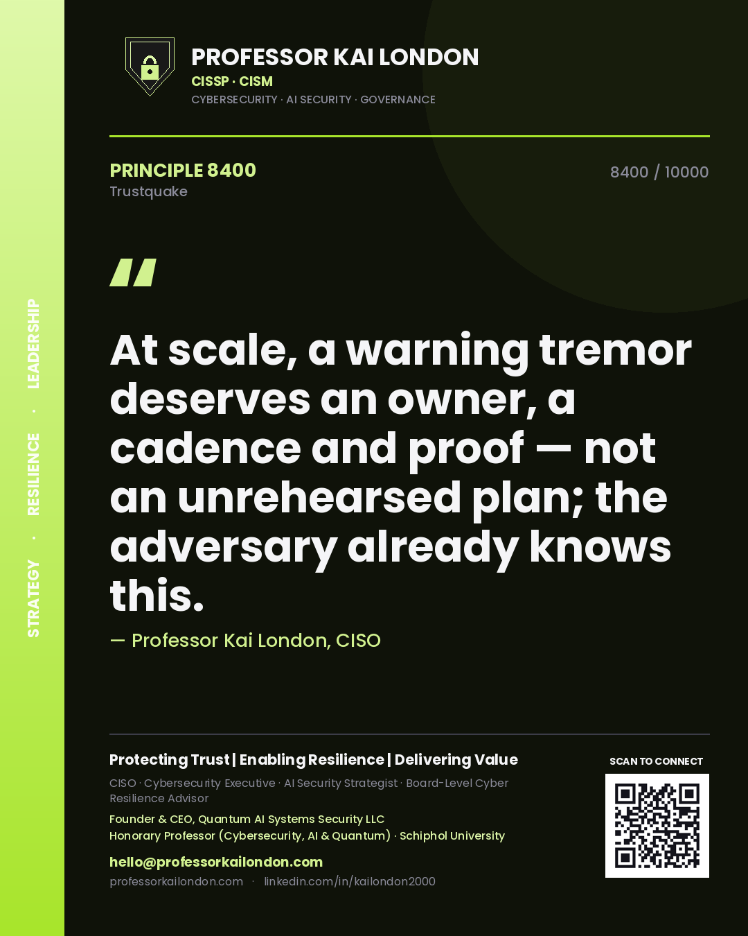 Quote card by Professor Kai London reading 'At scale, a warning tremor deserves an owner, a cadence and proof — not an unrehearsed plan; the adversary already knows this.'. From the book Trustquake.