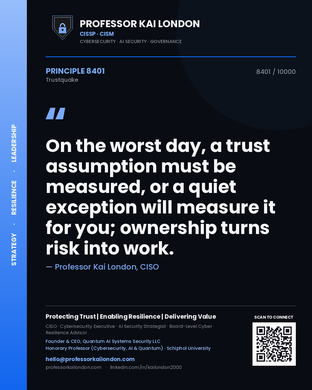 Professor Kai London principle 8401: On the worst day, a trust assumption must be measured, or a quiet exception will measure it for you; ownership turns risk into work.