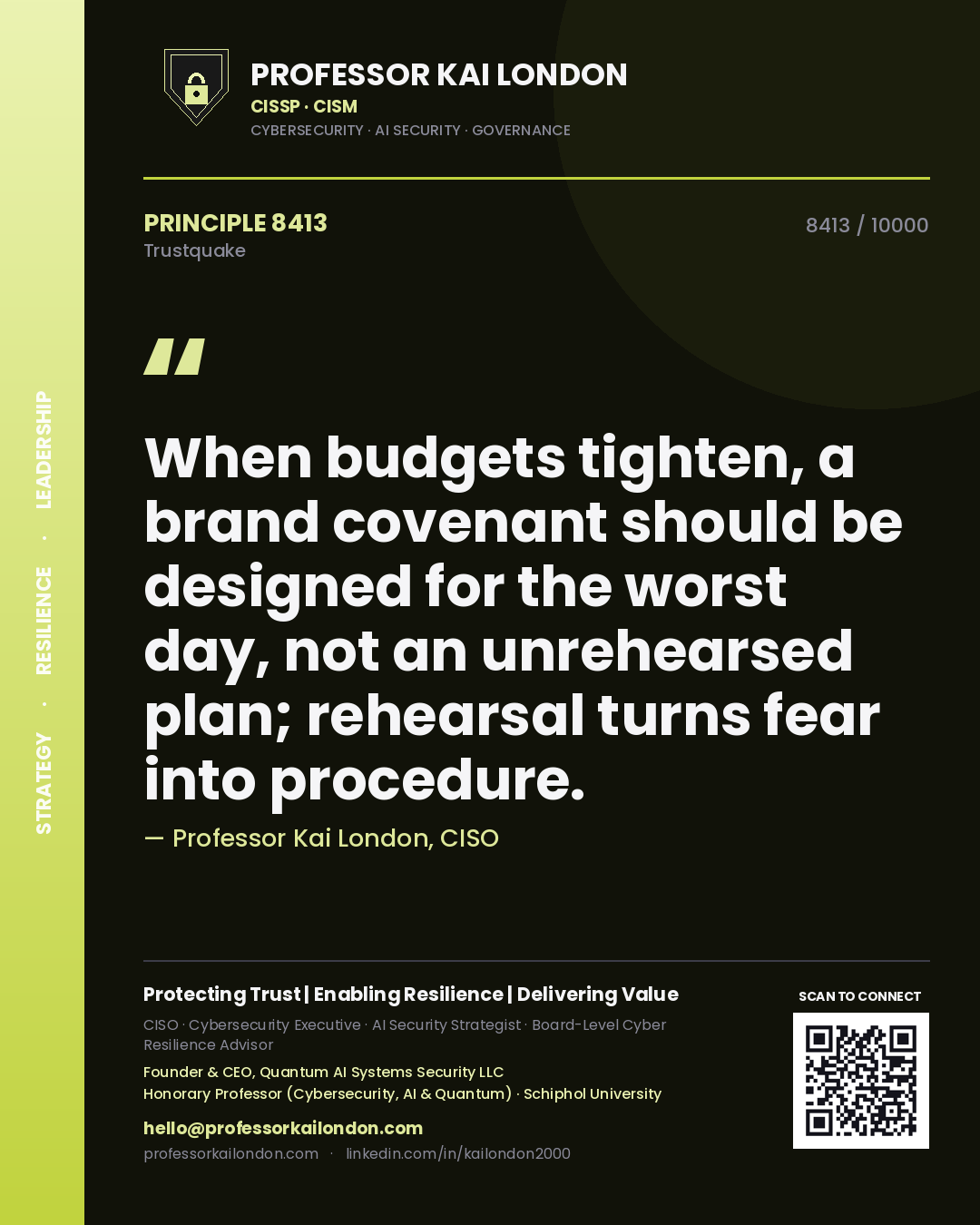 Professor Kai London principle 8413: When budgets tighten, a brand covenant should be designed for the worst day, not an unrehearsed plan; rehearsal turns fear into procedure.