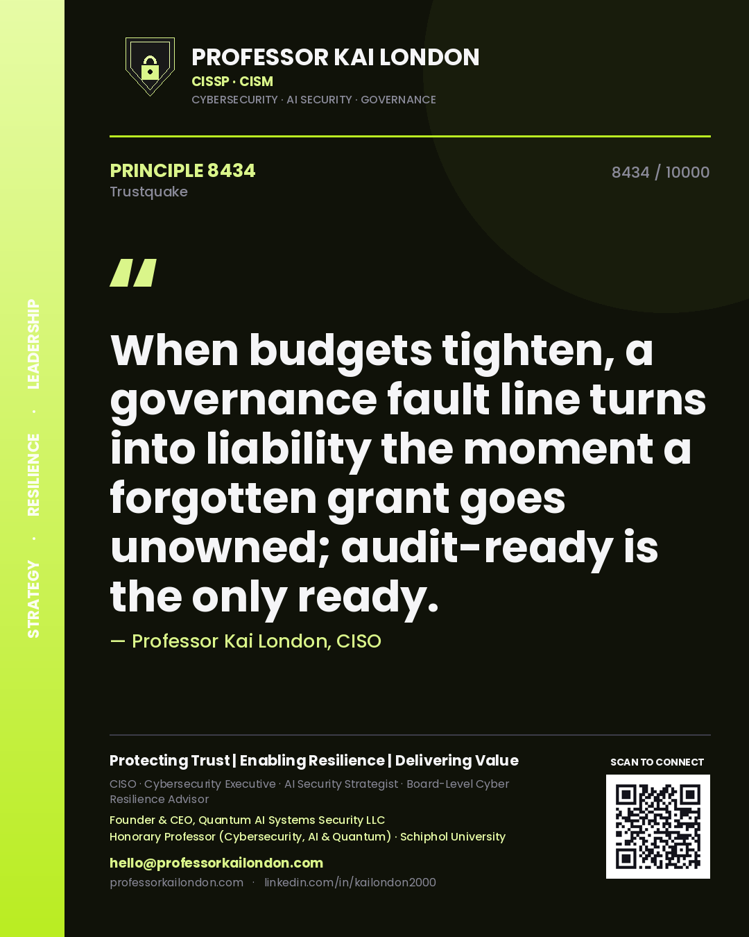 Quote card by Professor Kai London reading 'When budgets tighten, a governance fault line turns into liability the moment a forgotten grant goes unowned; audit-ready is the only ready.'. From the book Trustquake.