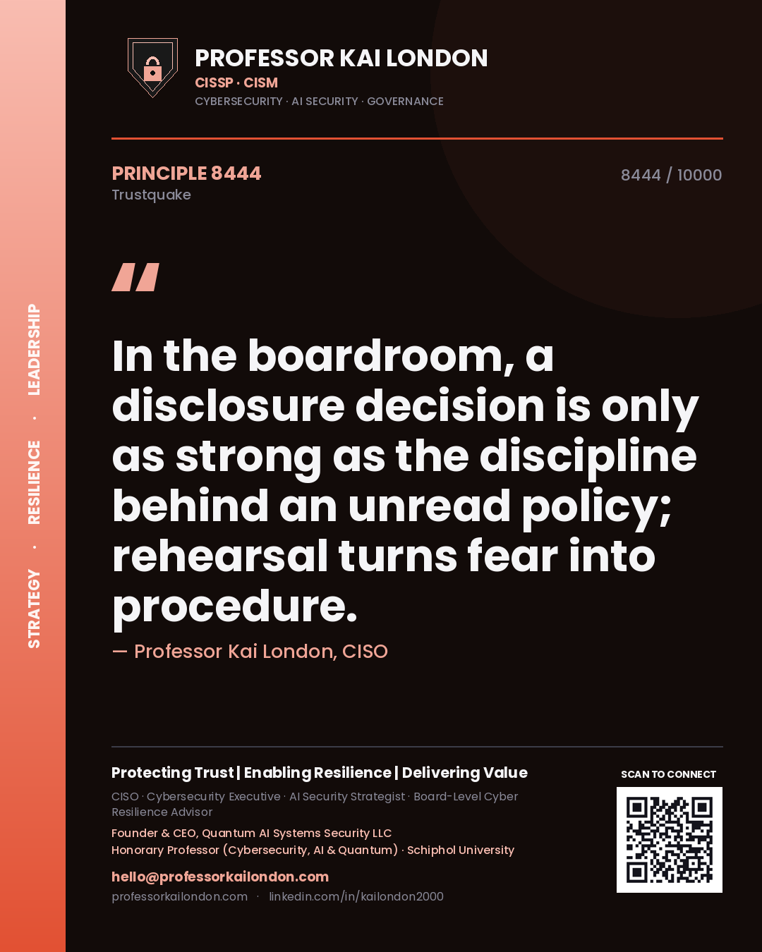 Quote card by Professor Kai London reading 'In the boardroom, a disclosure decision is only as strong as the discipline behind an unread policy; rehearsal turns fear into procedure.'. From the book Trustquake.