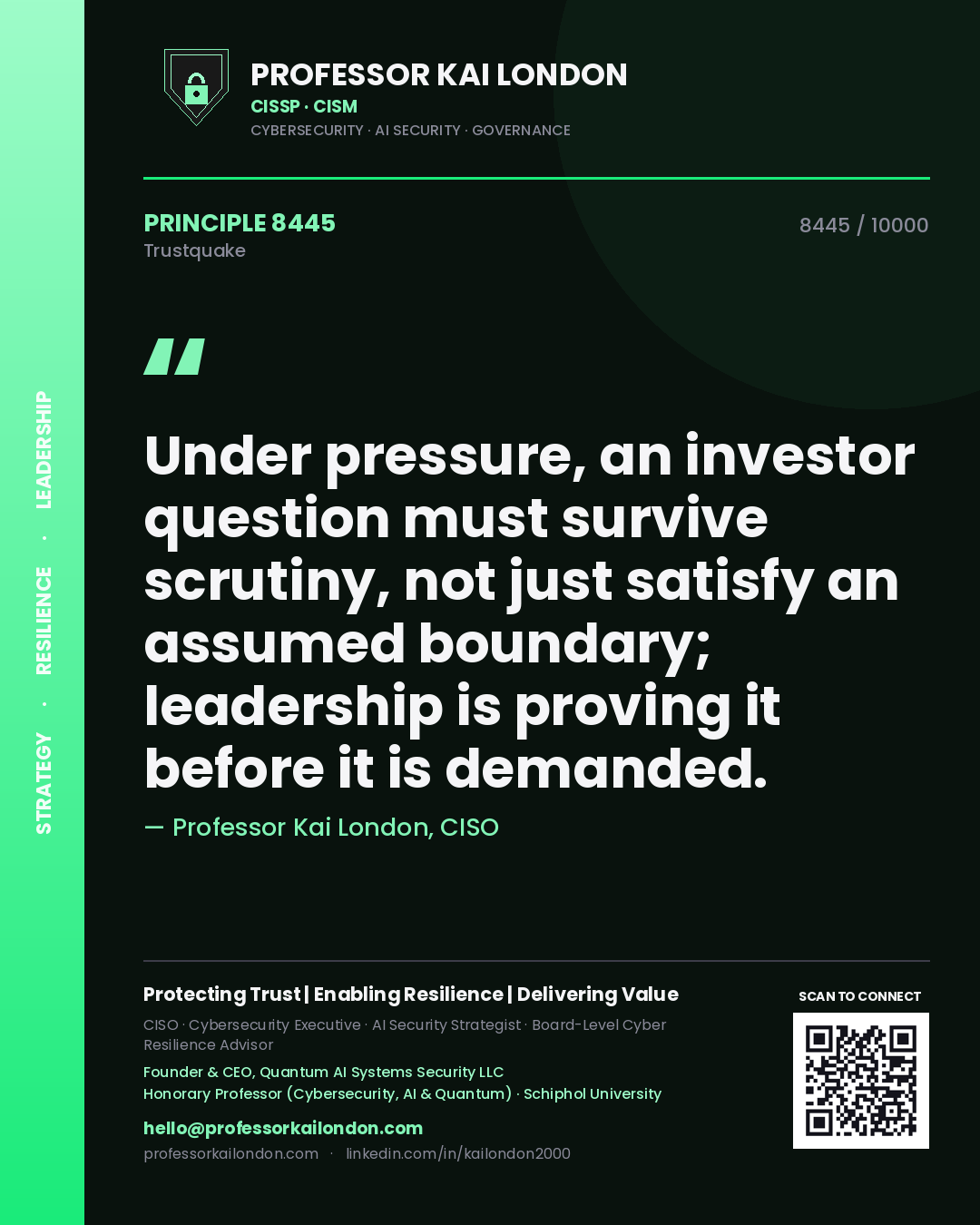 Professor Kai London principle 8445: Under pressure, an investor question must survive scrutiny, not just satisfy an assumed boundary; leadership is proving it before it is demanded.