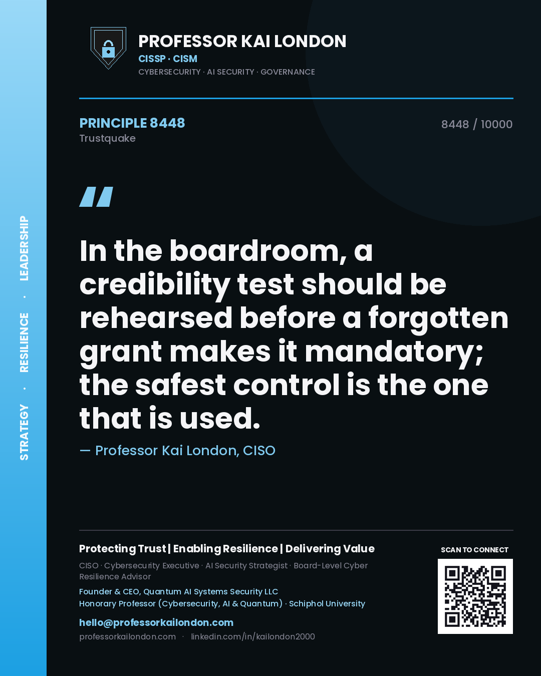 Quote card by Professor Kai London reading 'In the boardroom, a credibility test should be rehearsed before a forgotten grant makes it mandatory; the safest control is the one that is used.'. From the book Trustquake.