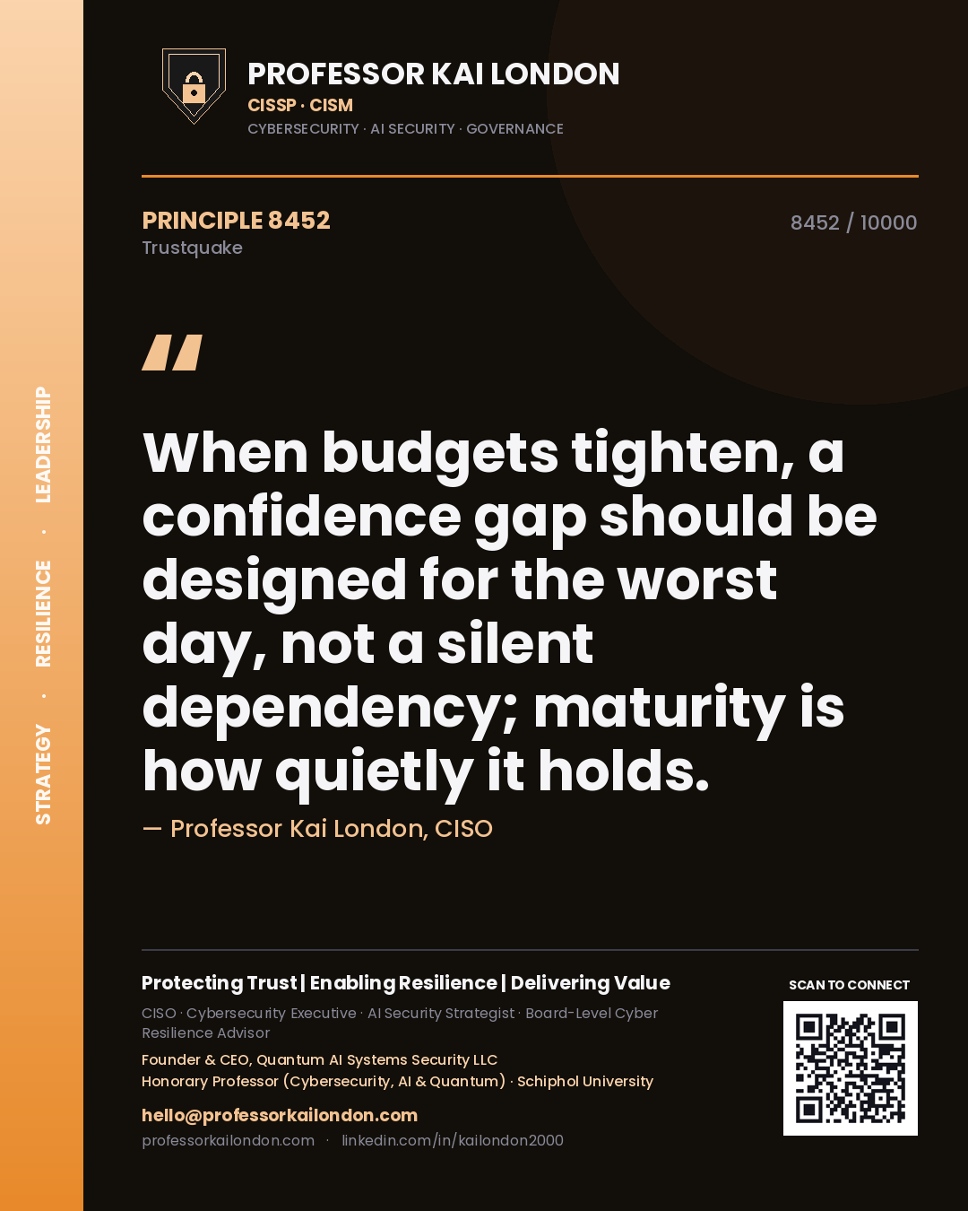 Quote card by Professor Kai London reading 'When budgets tighten, a confidence gap should be designed for the worst day, not a silent dependency; maturity is how quietly it holds.'. From the book Trustquake.