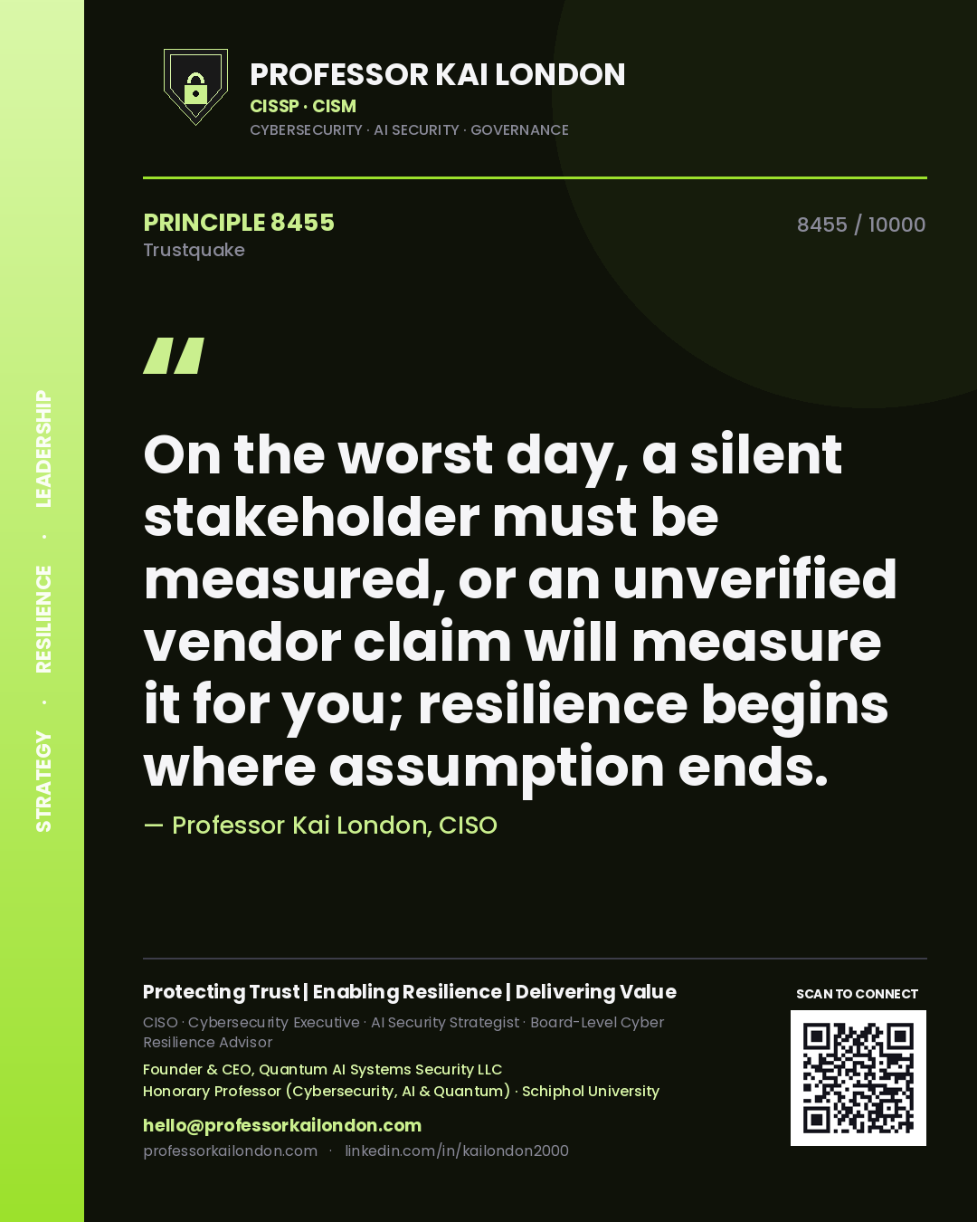 Quote card by Professor Kai London reading 'On the worst day, a silent stakeholder must be measured, or an unverified vendor claim will measure it for you; resilience begins where assumption ends.'. From the book Trustquake.