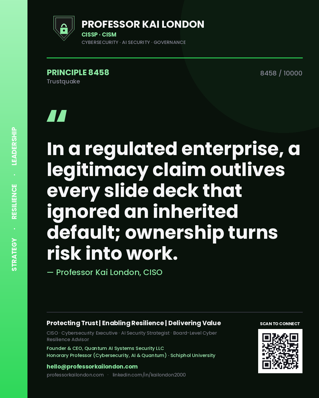 Quote card by Professor Kai London reading 'In a regulated enterprise, a legitimacy claim outlives every slide deck that ignored an inherited default; ownership turns risk into work.'. From the book Trustquake.