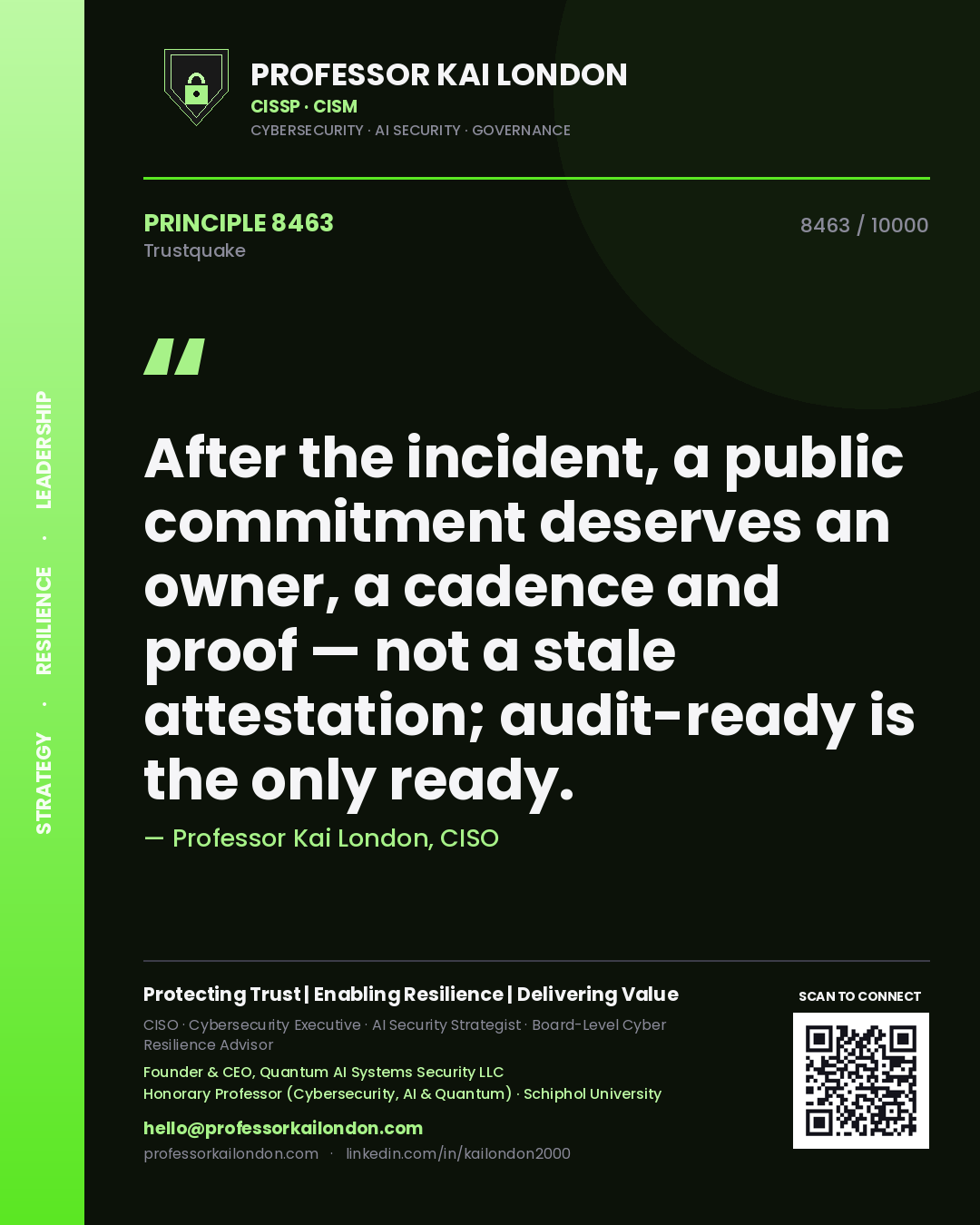 Quote card by Professor Kai London reading 'After the incident, a public commitment deserves an owner, a cadence and proof — not a stale attestation; audit-ready is the only ready.'. From the book Trustquake.