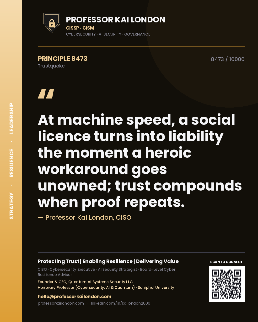 Quote card by Professor Kai London reading 'At machine speed, a social licence turns into liability the moment a heroic workaround goes unowned; trust compounds when proof repeats.'. From the book Trustquake.