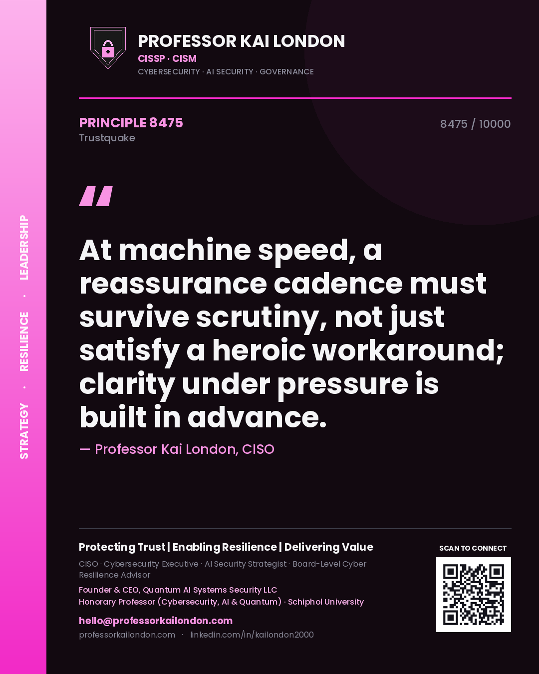 Professor Kai London principle 8475: At machine speed, a reassurance cadence must survive scrutiny, not just satisfy a heroic workaround; clarity under pressure is built in advance.