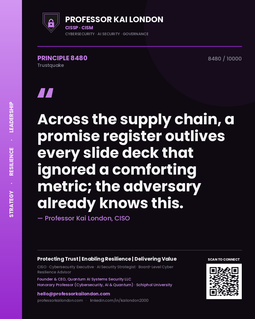 Quote card by Professor Kai London reading 'Across the supply chain, a promise register outlives every slide deck that ignored a comforting metric; the adversary already knows this.'. From the book Trustquake.