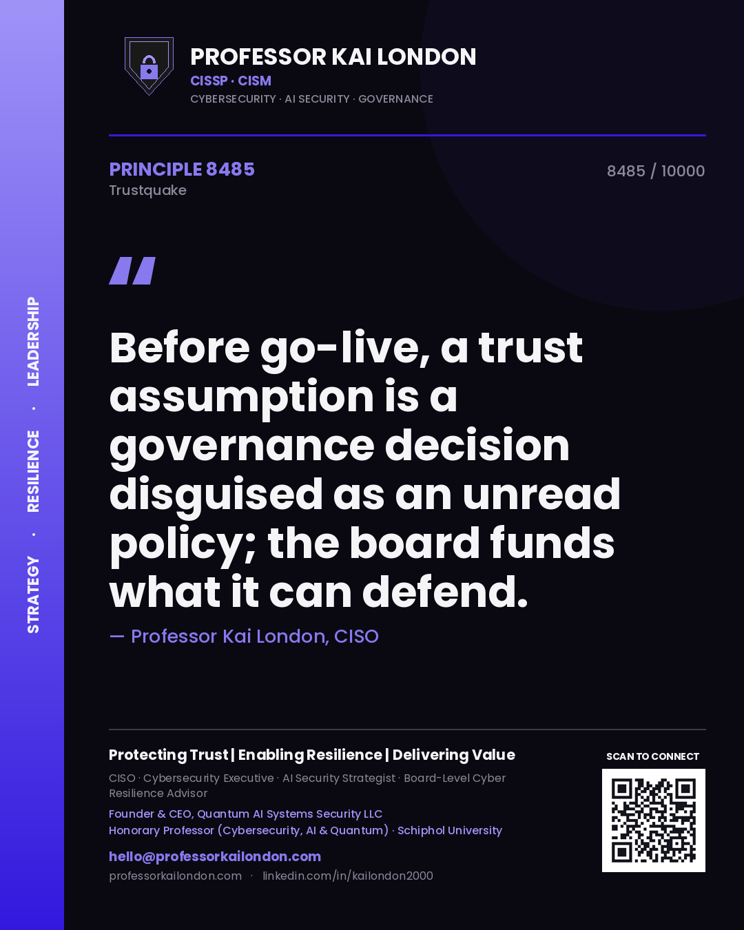Quote card by Professor Kai London reading 'Before go-live, a trust assumption is a governance decision disguised as an unread policy; the board funds what it can defend.'. From the book Trustquake.