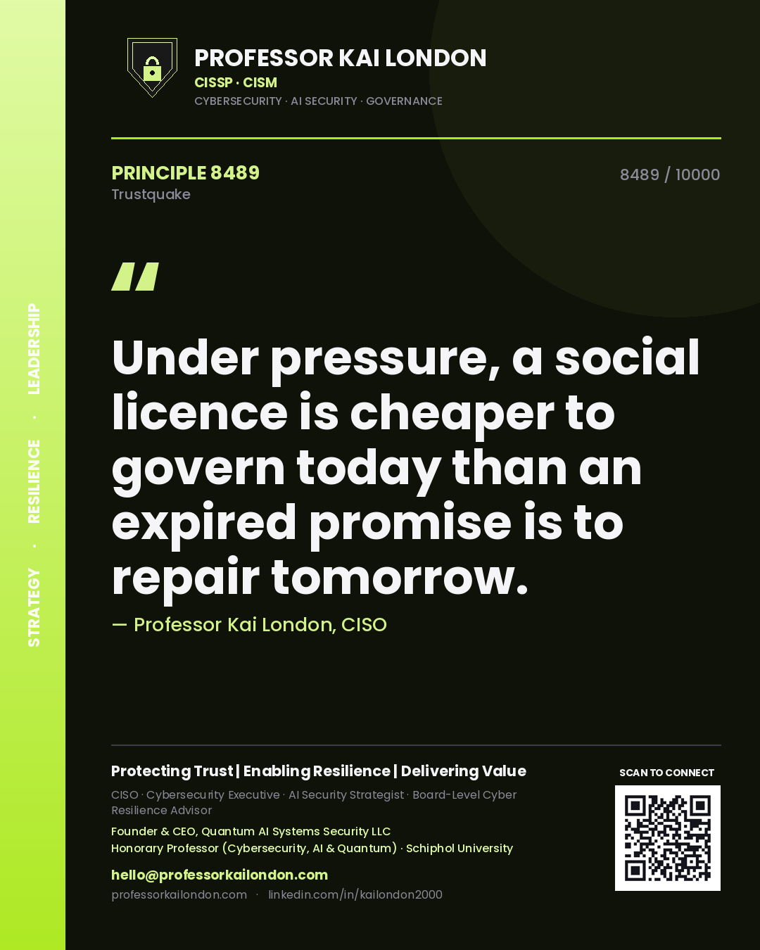 Quote card by Professor Kai London reading 'Under pressure, a social licence is cheaper to govern today than an expired promise is to repair tomorrow.'. From the book Trustquake.