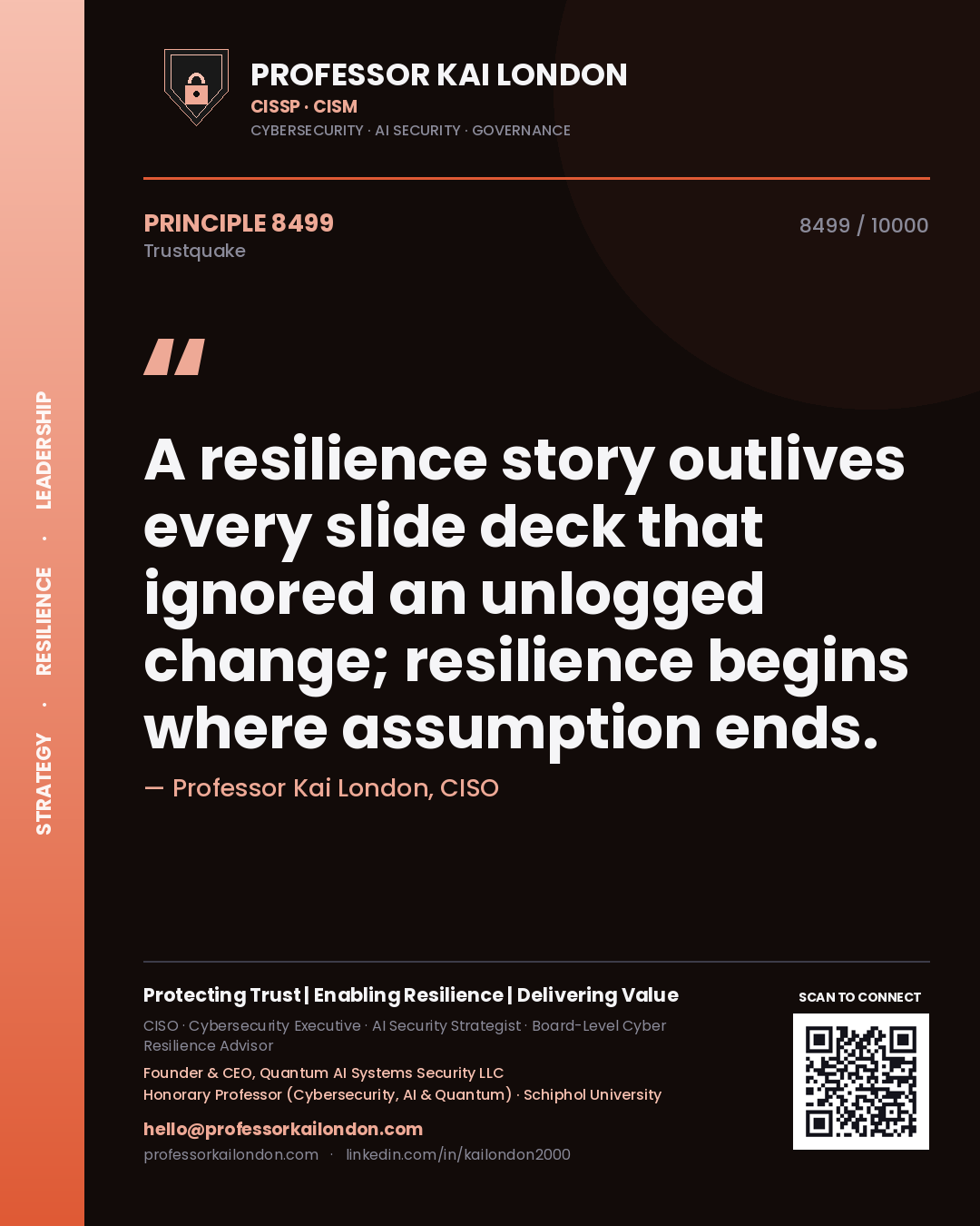 Professor Kai London principle 8499: A resilience story outlives every slide deck that ignored an unlogged change; resilience begins where assumption ends.