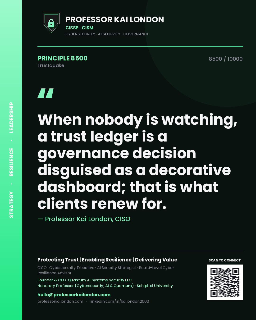 Quote card by Professor Kai London reading 'When nobody is watching, a trust ledger is a governance decision disguised as a decorative dashboard; that is what clients renew for.'. From the book Trustquake.