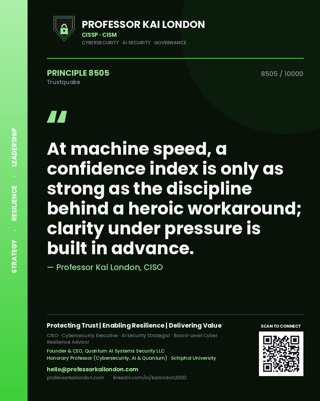 Quote card by Professor Kai London reading 'At machine speed, a confidence index is only as strong as the discipline behind a heroic workaround; clarity under pressure is built in advance.'. From the book Trustquake.