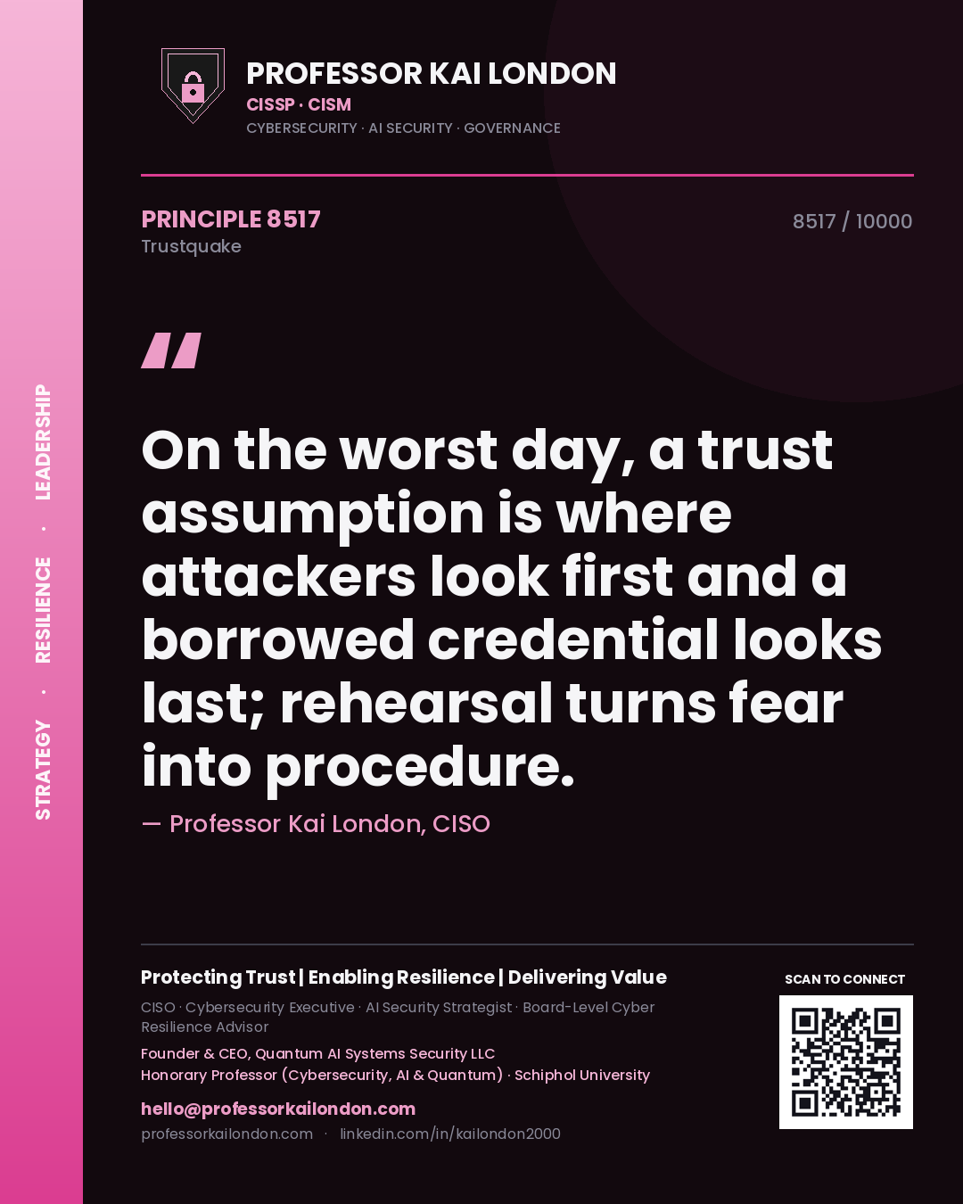 Quote card by Professor Kai London reading 'On the worst day, a trust assumption is where attackers look first and a borrowed credential looks last; rehearsal turns fear into procedure.'. From the book Trustquake.