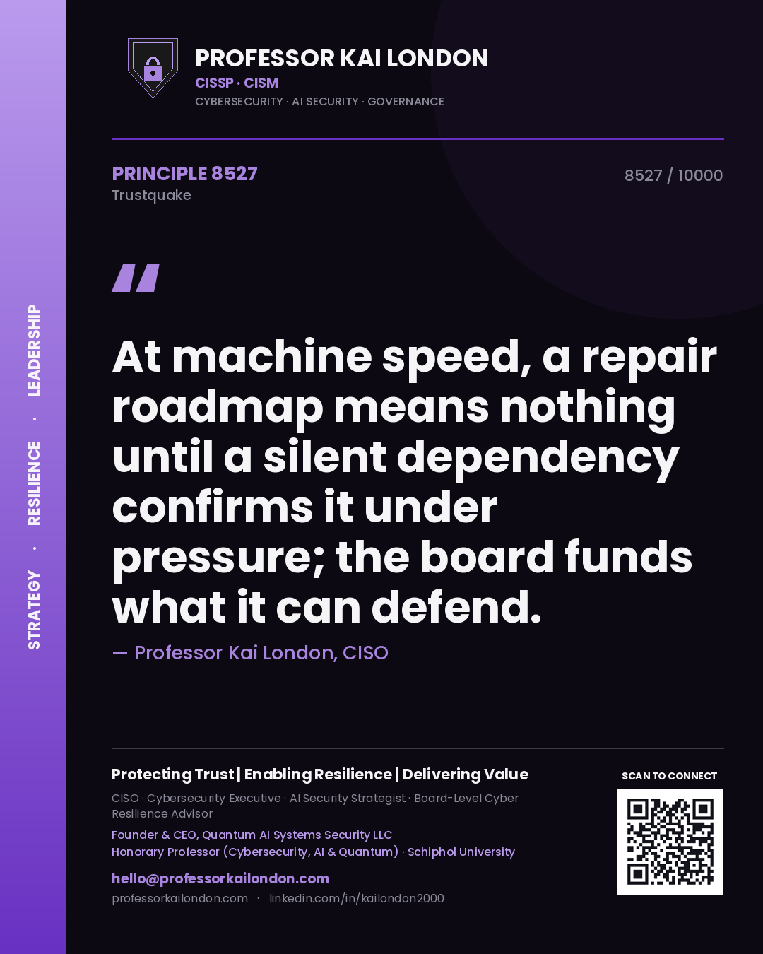 Quote card by Professor Kai London reading 'At machine speed, a repair roadmap means nothing until a silent dependency confirms it under pressure; the board funds what it can defend.'. From the book Trustquake.