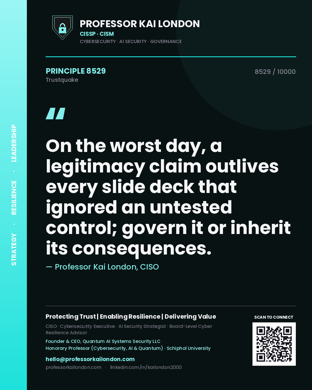 Quote card by Professor Kai London reading 'On the worst day, a legitimacy claim outlives every slide deck that ignored an untested control; govern it or inherit its consequences.'. From the book Trustquake.