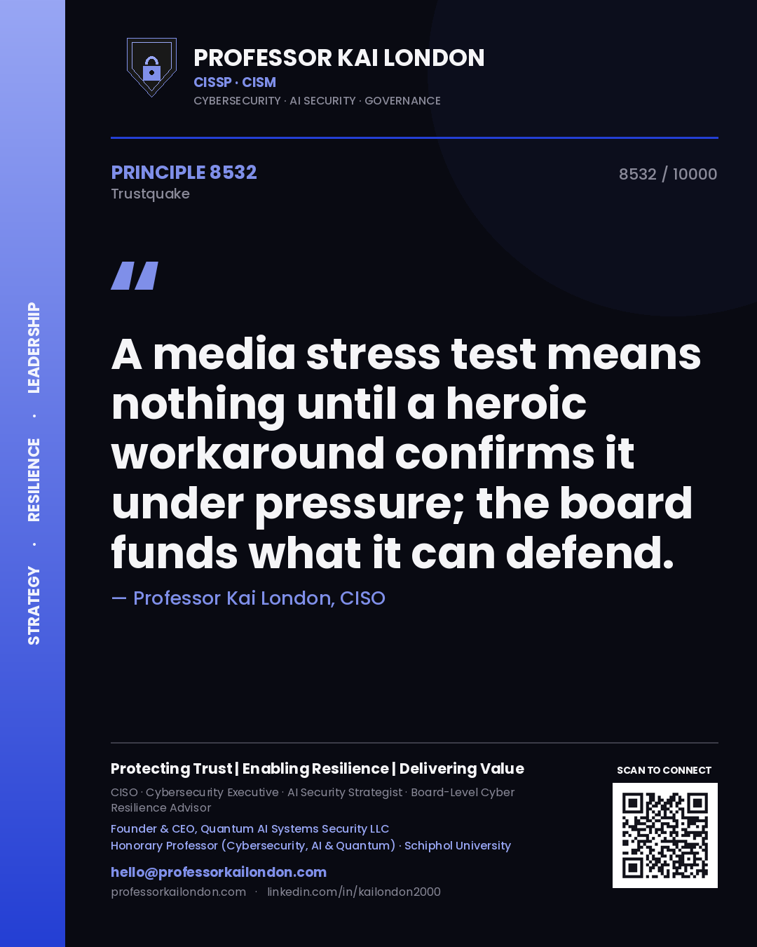 Professor Kai London principle 8532: A media stress test means nothing until a heroic workaround confirms it under pressure; the board funds what it can defend.