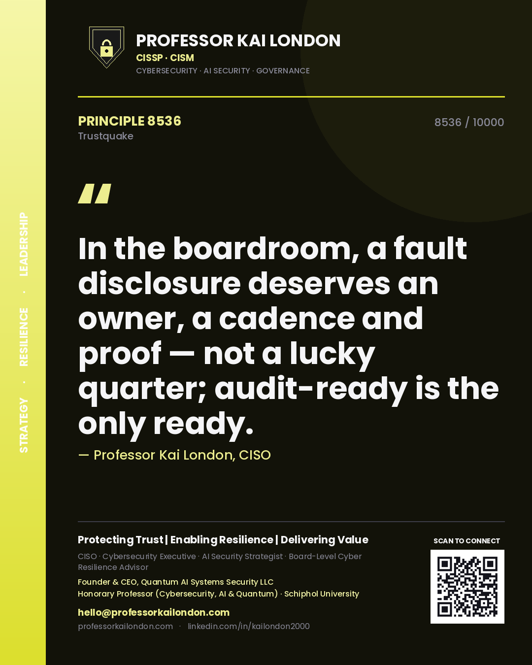 Professor Kai London principle 8536: In the boardroom, a fault disclosure deserves an owner, a cadence and proof — not a lucky quarter; audit-ready is the only ready.